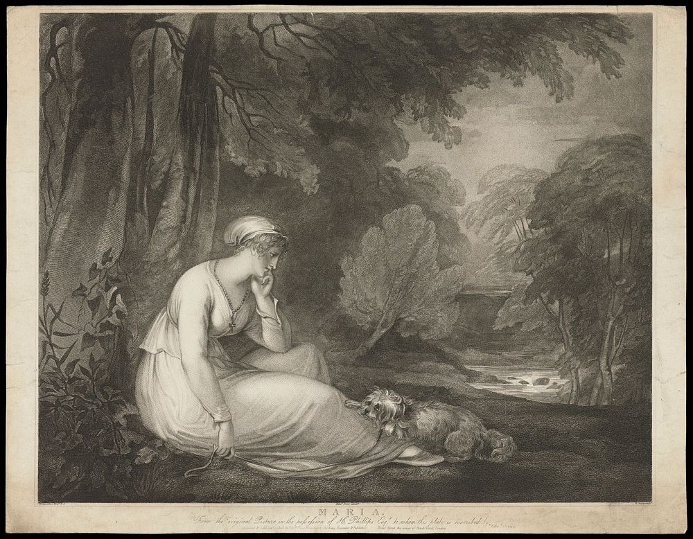 Maria sits sadly under a tree with her dog. Stipple engraving by R. Cooper, 1808, after W. Hamilton.