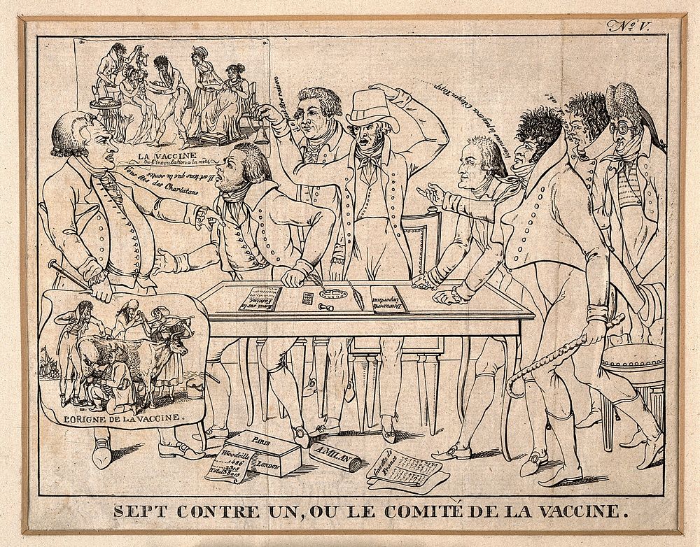 Seven members of the French committee on vaccination rail against Tapp, who resists the new discovery. Line engraving, c.…