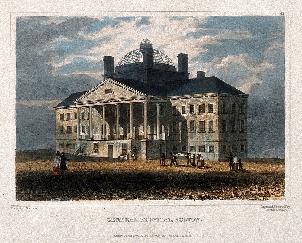 Patient being carried to Boston General hospital on a stretcher. Coloured line engraving by Fenner Sears & Co., 1831, after…