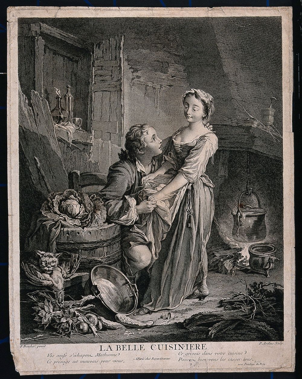 A boy pulls at the hand of a girl who is holding eggs in her apron. Engraving by P. Aveline, ca. 1734, after F. Boucher.