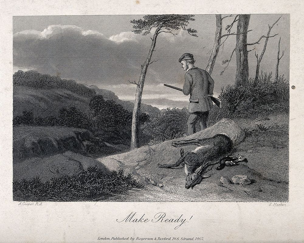 A gun-carrying huntsman is gazing intently into a valley while his dead prey is lying behind him. Line engraving by E.…