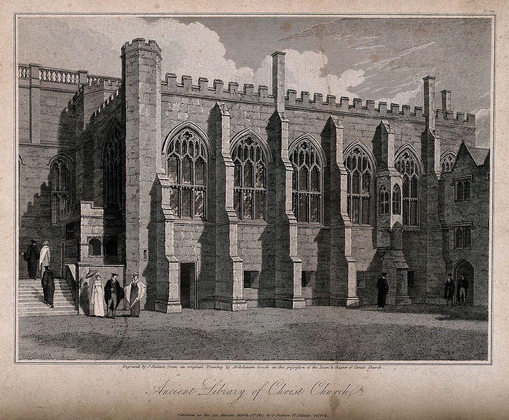 Christ Church, Oxford: the library. Line engraving by J. Skelton, 1817, after Archdeacon Gooch.