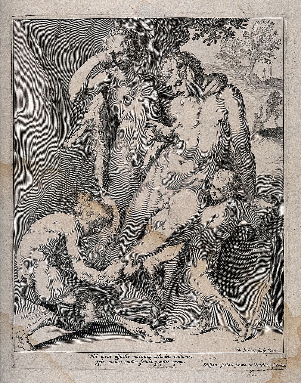 A satyr wearing eyeglasses, with young assistant, removes a thorn from the foot of a male faun who leans against female…