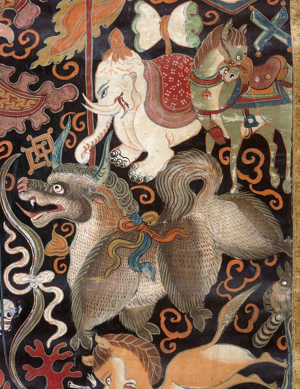 Attributes of Beg-tse in a "rgyan tshogs" banner. Distemper painting by a Tibetan painter.