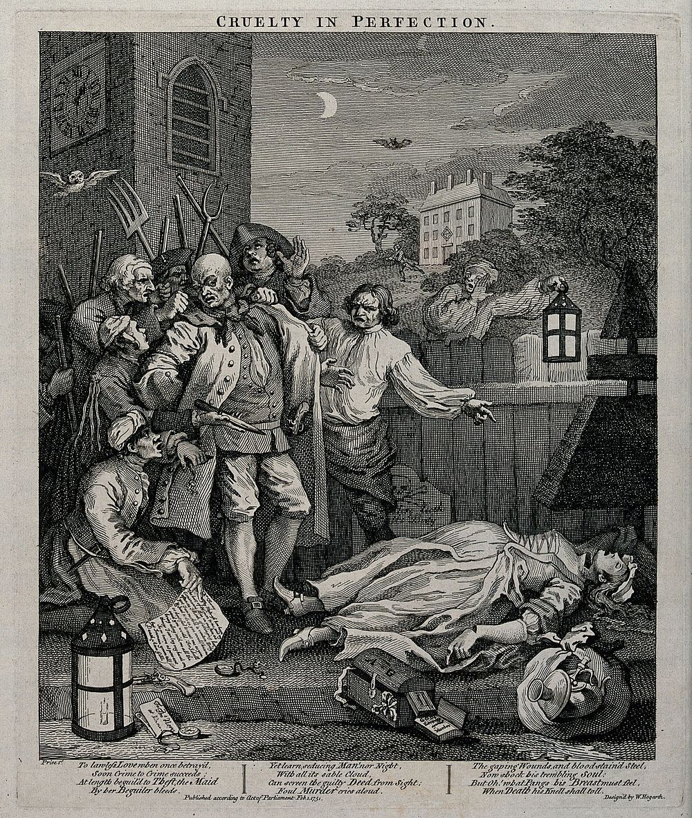 A night scene with Tom Nero apprehended in a church-yard before the murdered body of a pregnant maidservant. Engraving by…