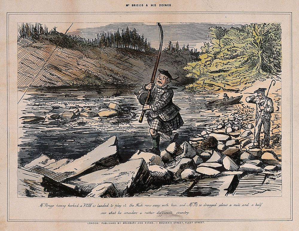 A man has caught a fish on the end of his line, but the fish is so strong that it is pulling the man across the rocks.…
