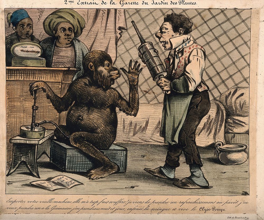 A monkey rejects the old style clyster for his new 'clyso-pompe', which he fills with opium and marshmallow. Coloured…