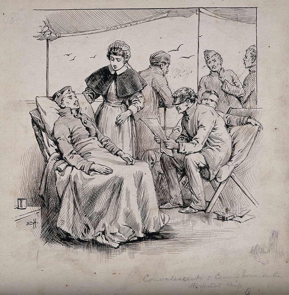 A nurse with convalescent soldiers on the deck of a hospital ship. Pen and ink drawing by E. S. H.
