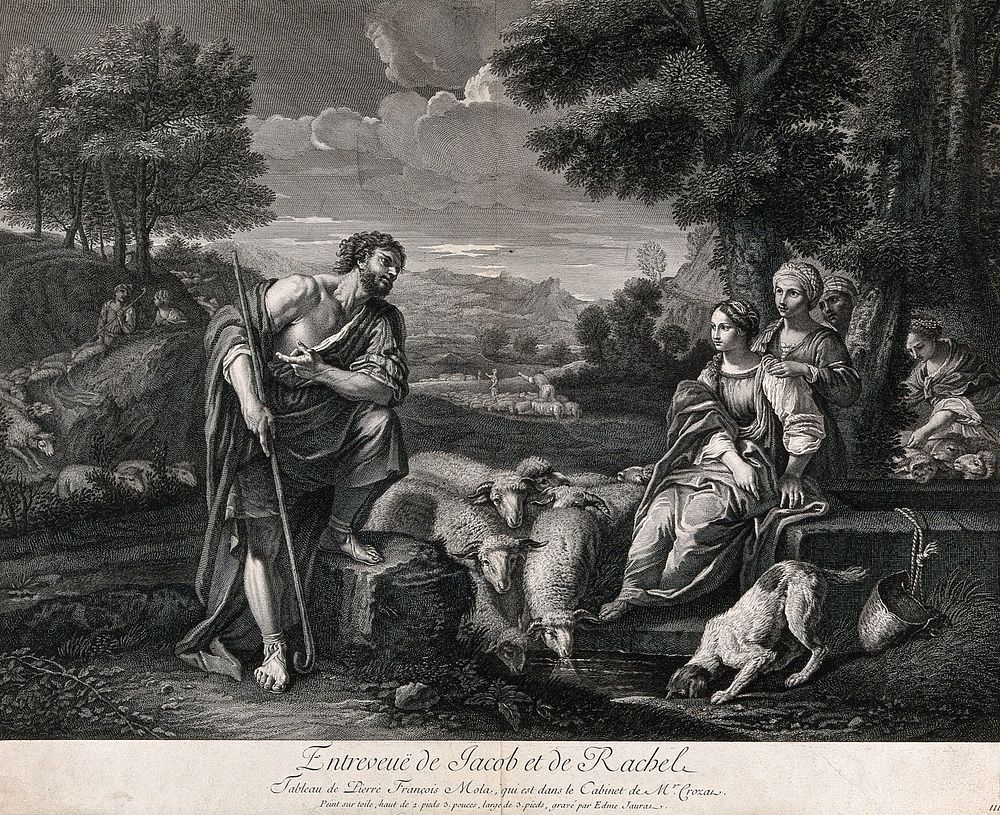 Jacob meets Rachel and falls in love. Engraving by E. Jauras after P.F. Mola.