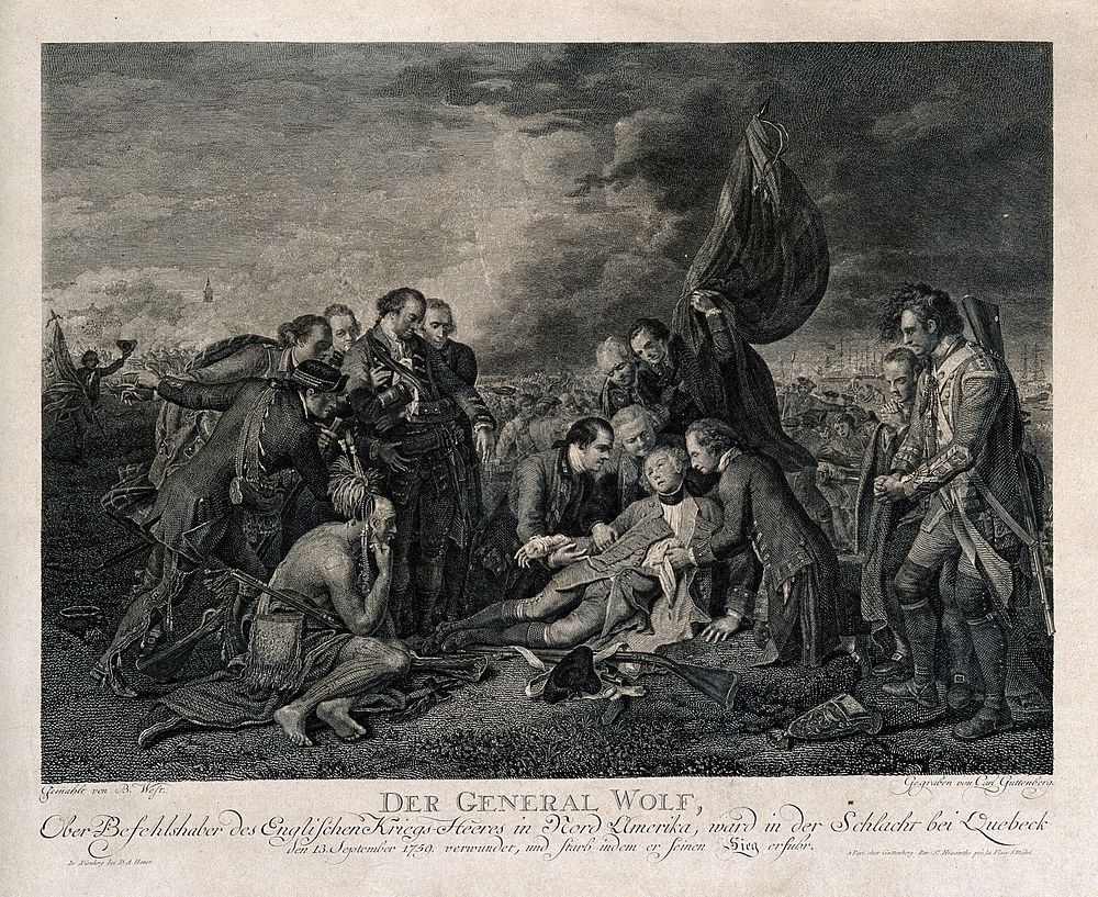 The death of General Wolfe, at Quebec, in the background are soldiers and ships. Engraving by C. Guttenberg, after B. West…