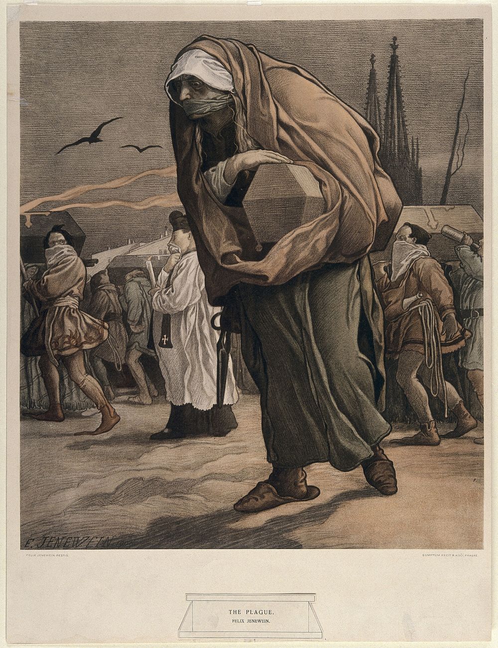 A mother bearing her child's coffin in a funeral procession for victims of the plague. Colour lithograph after F. Jenewein…