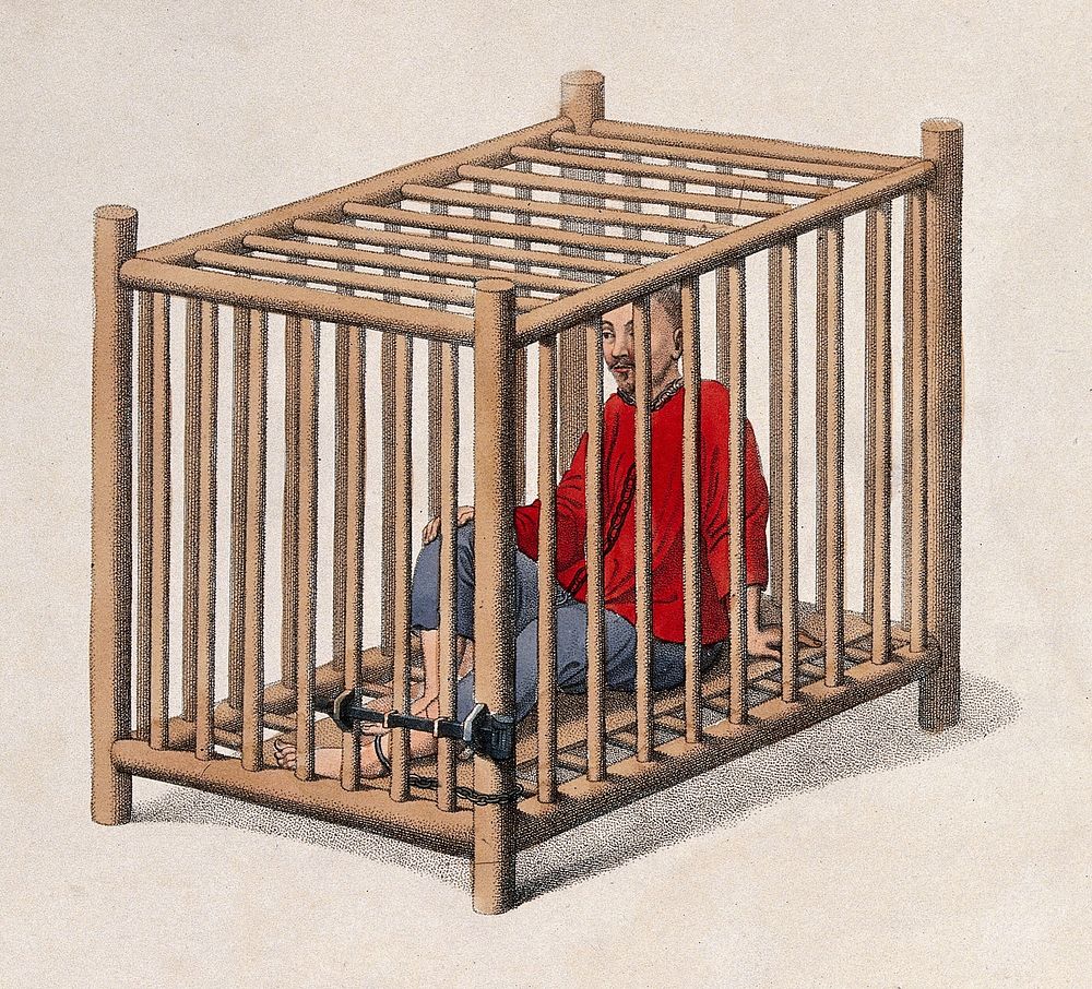 A Chinese man is seated in a wooden cage. Coloured stipple print by J. Dadley, 1801.