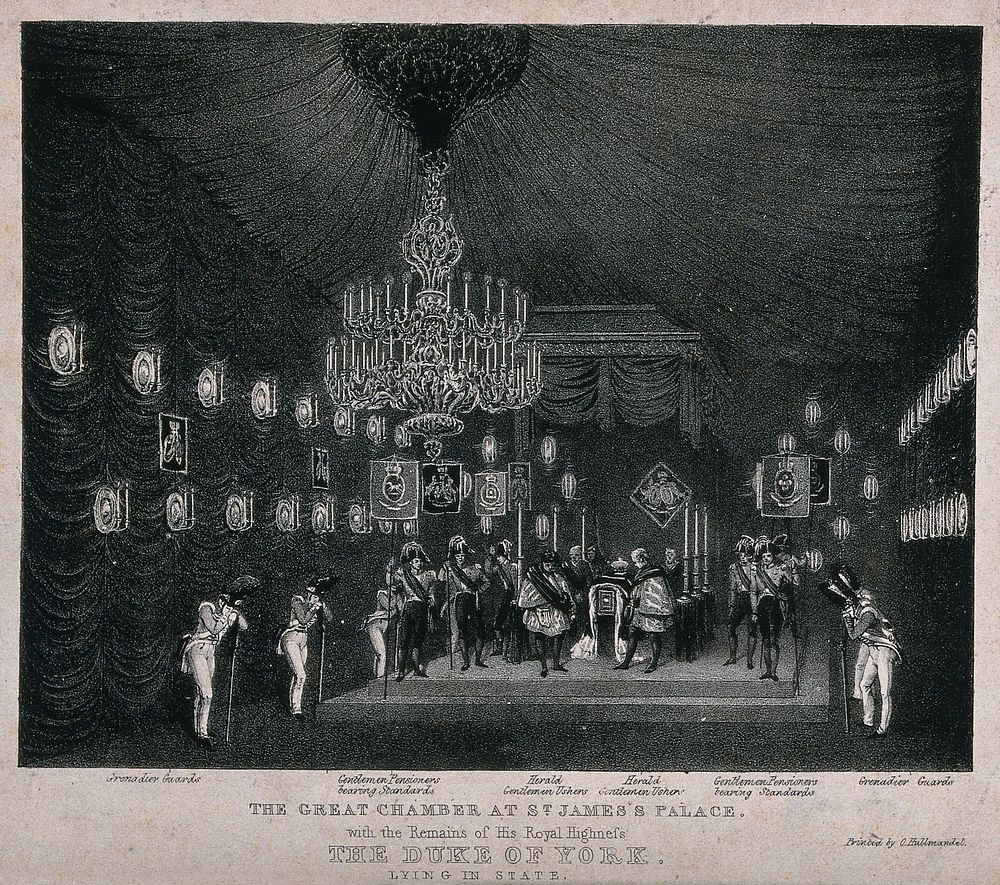 The Duke of York lying in state in St. James's Palace in 1827. Aquatint.