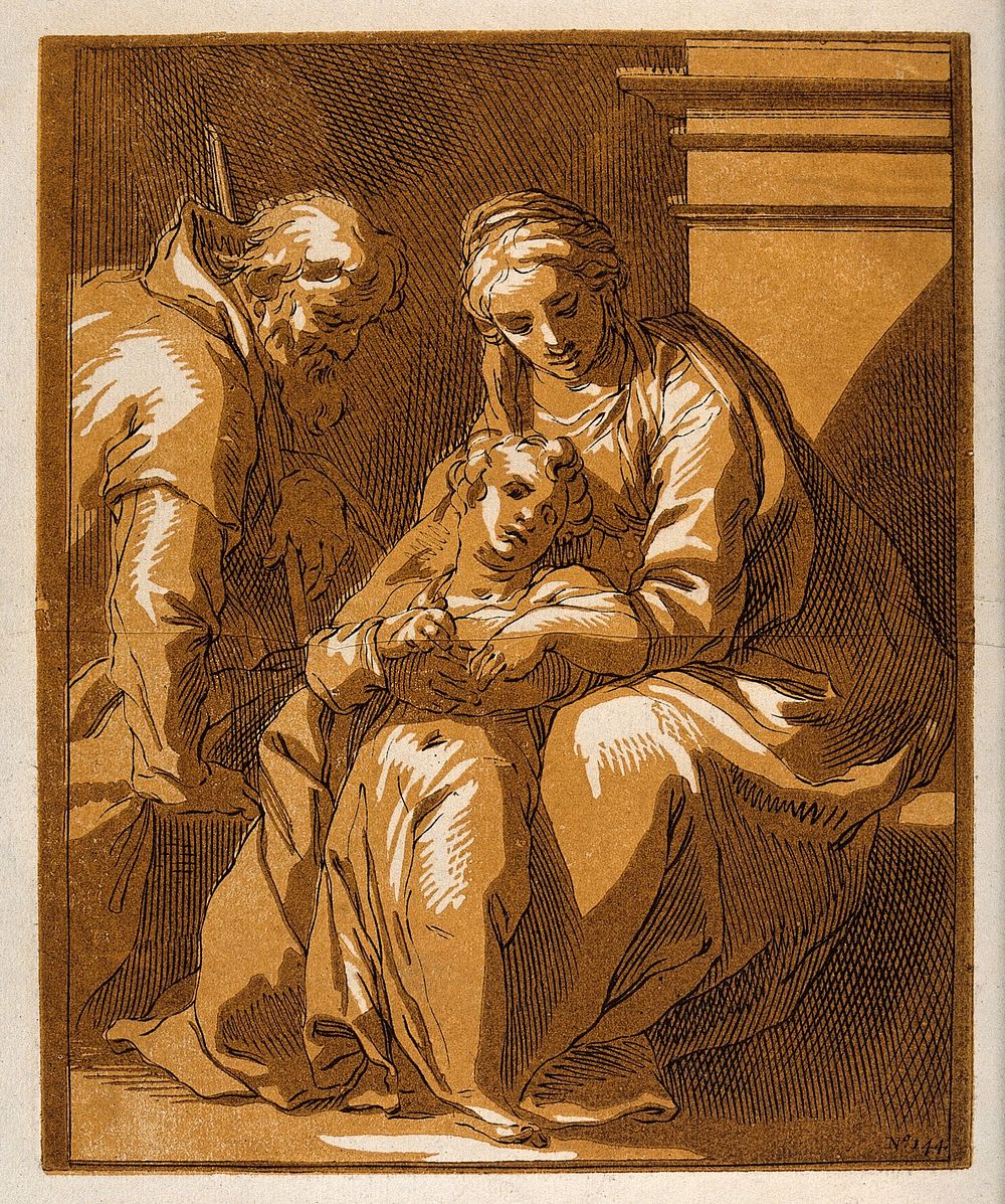 Saint Mary (the Blessed Virgin) and Saint Joseph with the Christ Child. Colour etching with woodcut by F. Bloemaert after…