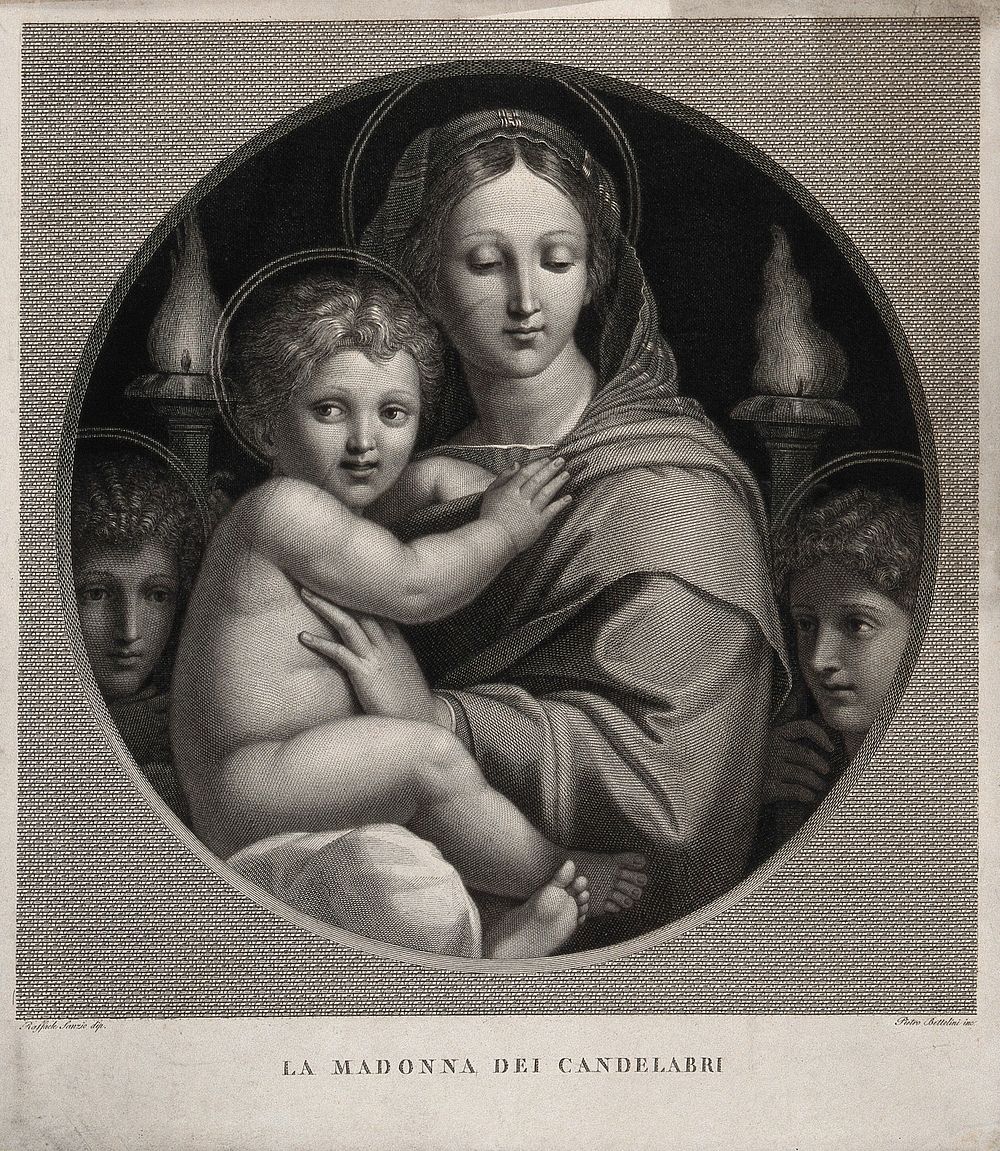Saint Mary (the Blessed Virgin) with the Christ Child. Line engraving by P. Bettelini after Raphael.