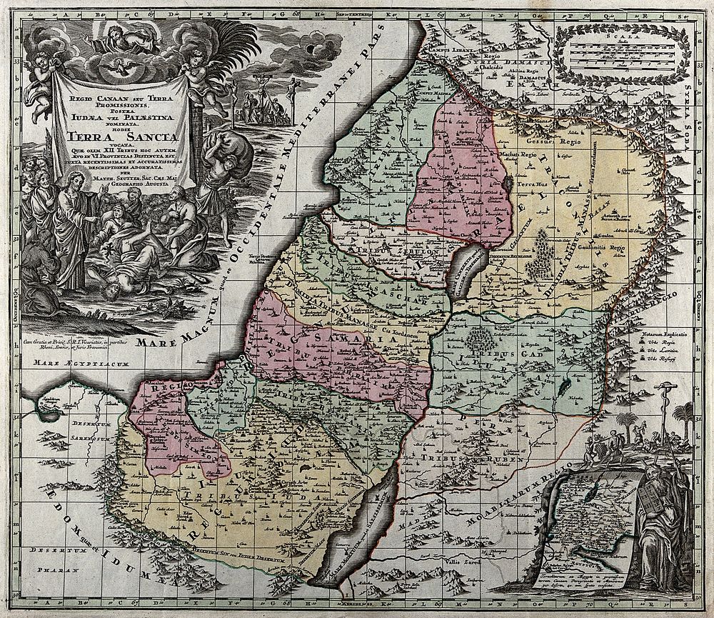 A map of the biblical Palestine with three biblical scenes: Moses and the ten commandments; the serpent on the pole; Christ…