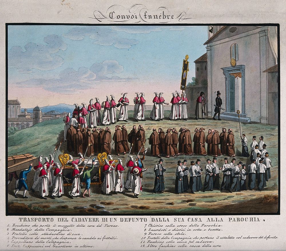 A funeral procession following a deceased bishop layed out on a bier into a parish hall. Coloured etching by F. Ferrari…