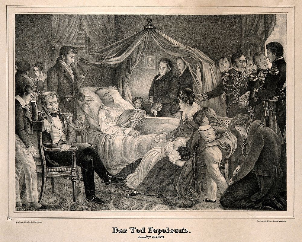 The death of Napoleon Bonaparte at St Helena in 1821. Lithograph after Baron Steuben.