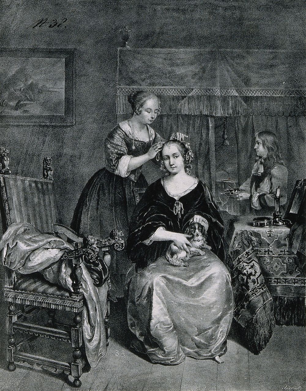 A woman with a dog on her knee having her hair dressed by a female assistant; in the right hand background a boy holds hair…