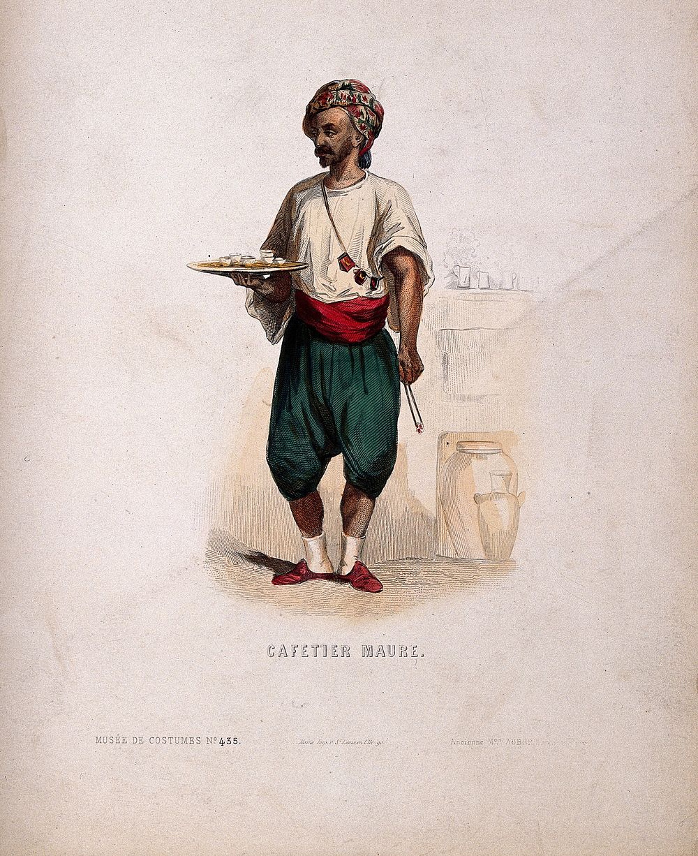 A Turkish coffee vendor with a tray of coffee cups. Coloured engraving, c. 1860.