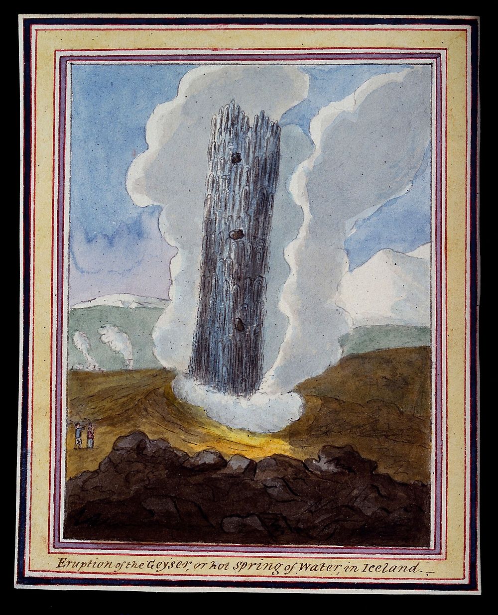 Iceland: a geyser or hot spring erupting. Watercolour.