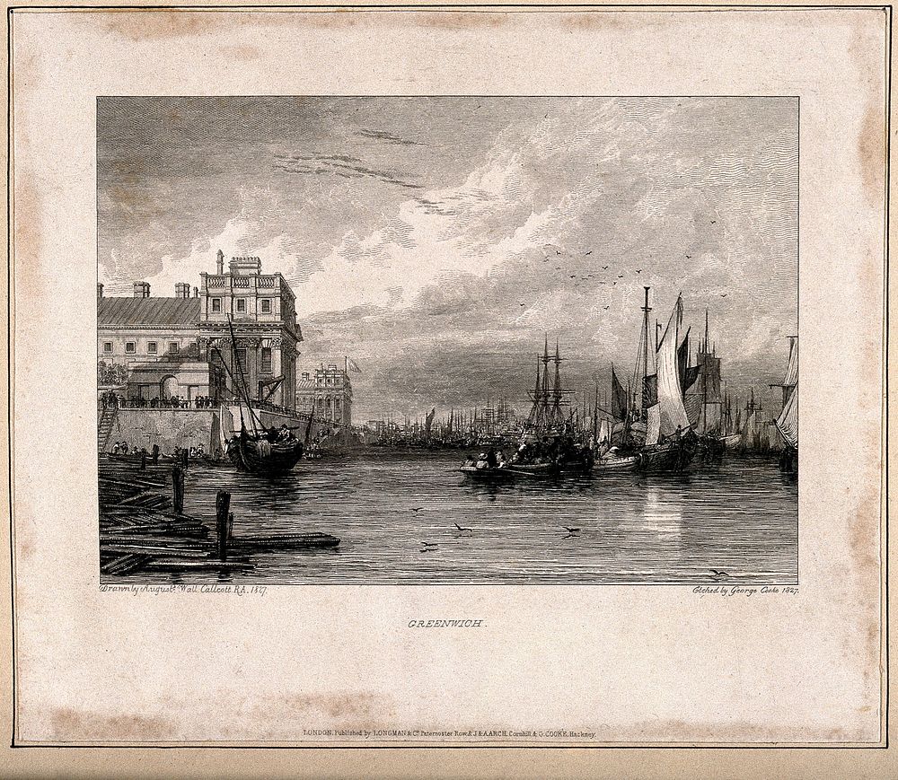 Royal Naval Hospital, Greenwich, from down river, with a multitude of ships and rowing boats on the right. Engraving by G.…