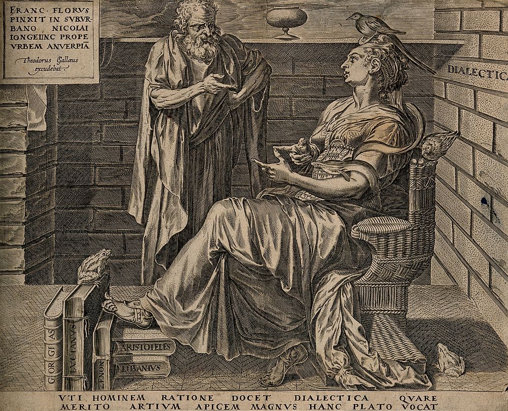 An old man discourses with a woman with a bird on her head; representing dialectic. Engraving by C. Cort, 1565, after F.…