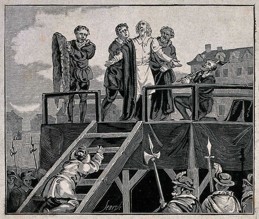 A gentleman is about to be beheaded. Wood engraving by M. U. Sears.