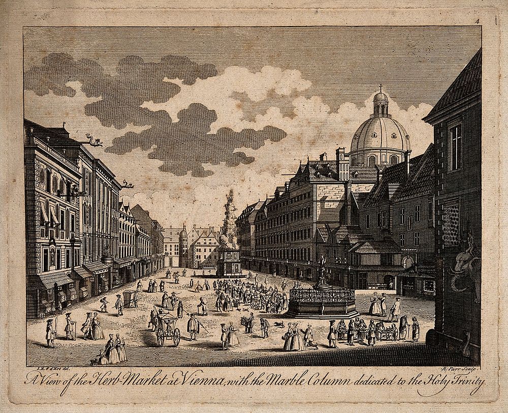 Herb-market and Holy Trinity Column, Vienna, Austria: panoramic view. Engraving by R. Parr after J.E.F. van Ert.