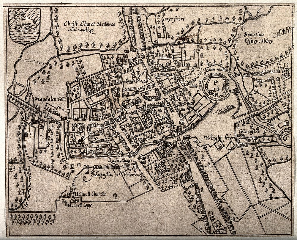 City of Oxford: plan of the city with important buildings either named or marked. Line engraving.