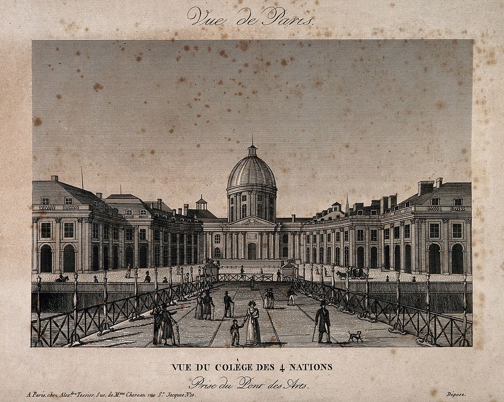 Collège des Quatre Nations, Paris: panoramic view of part of the Institut de France. Line engraving.