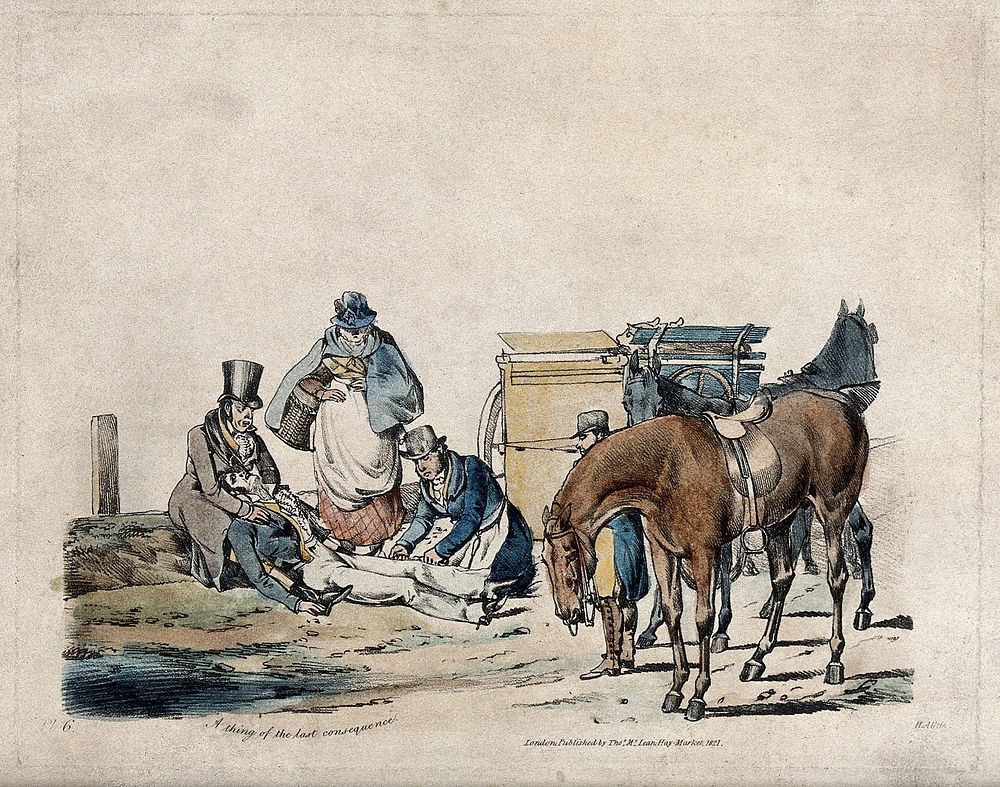 A dead or injured young horse-rider is tended by two men and a lady looking on. Coloured soft-ground etching by H. Alken.