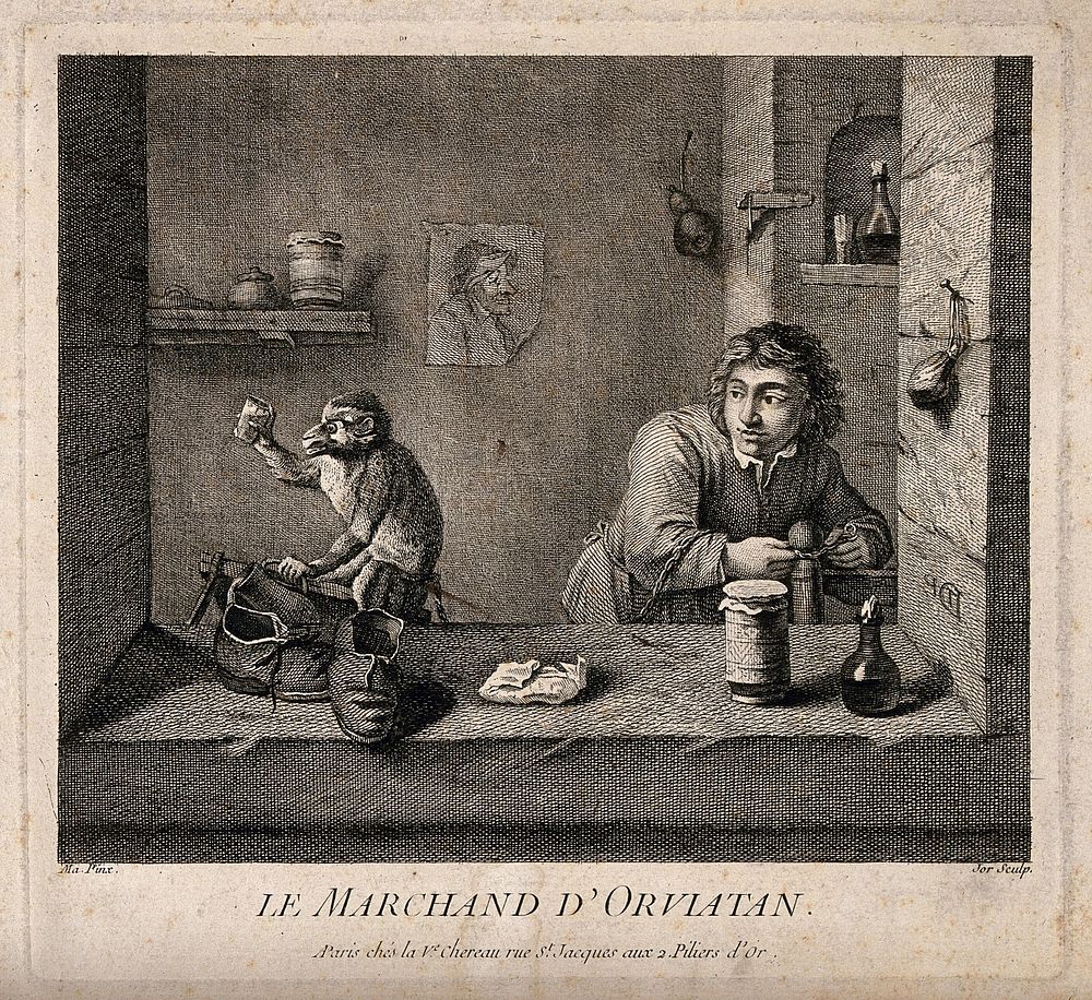 A medicine vendor tying up his pet monkey. Etching by T. Major after D. Teniers II.