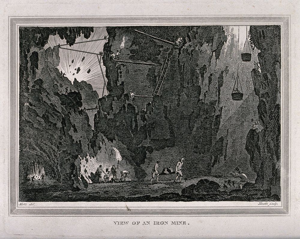 An iron mine and miners working. Etching by J. Heath, 1813, after C.M. Metz.