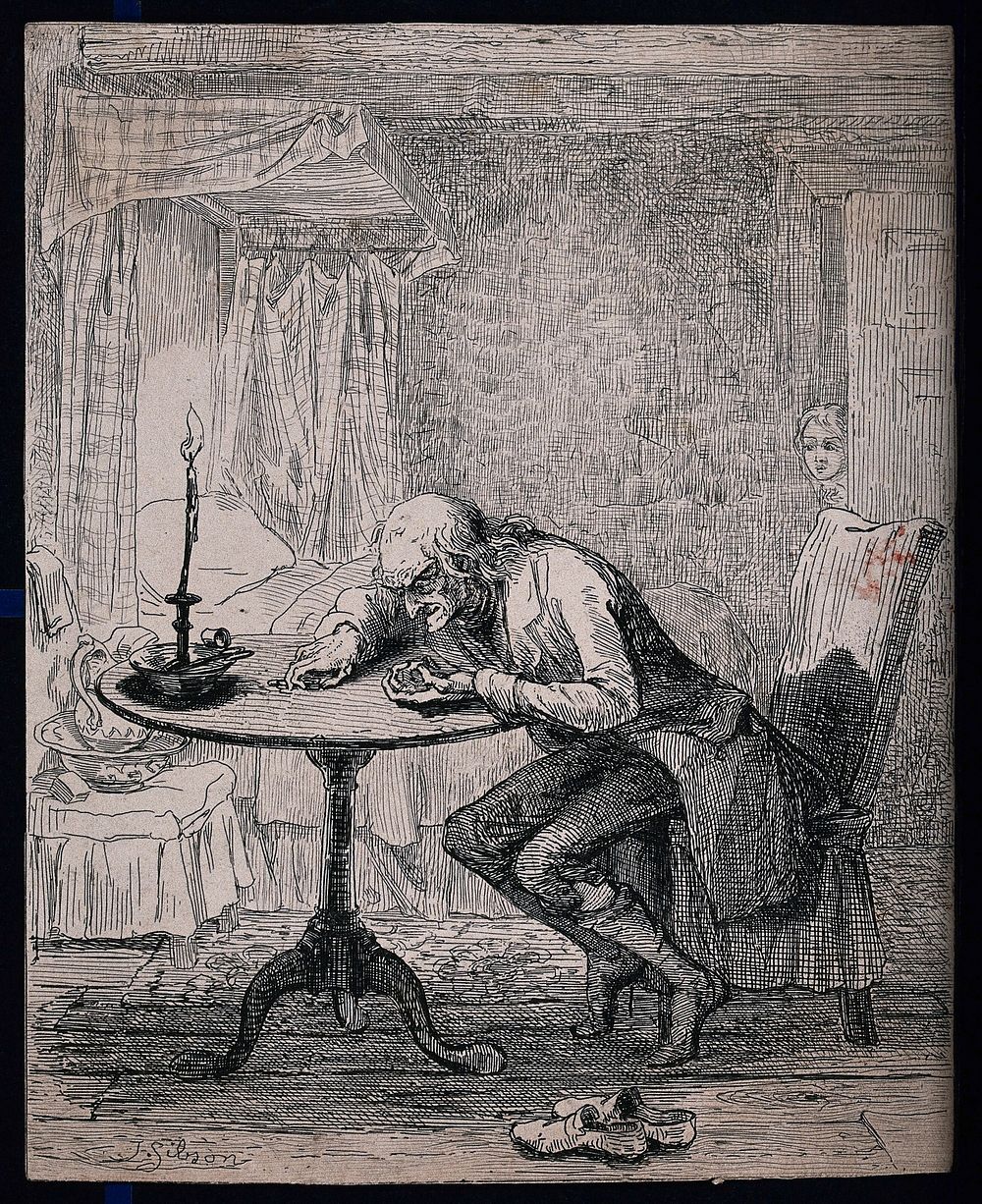 An old man leans over a table counting the money in his hand as a girl peeps through the door. Etching by T. Sibson.
