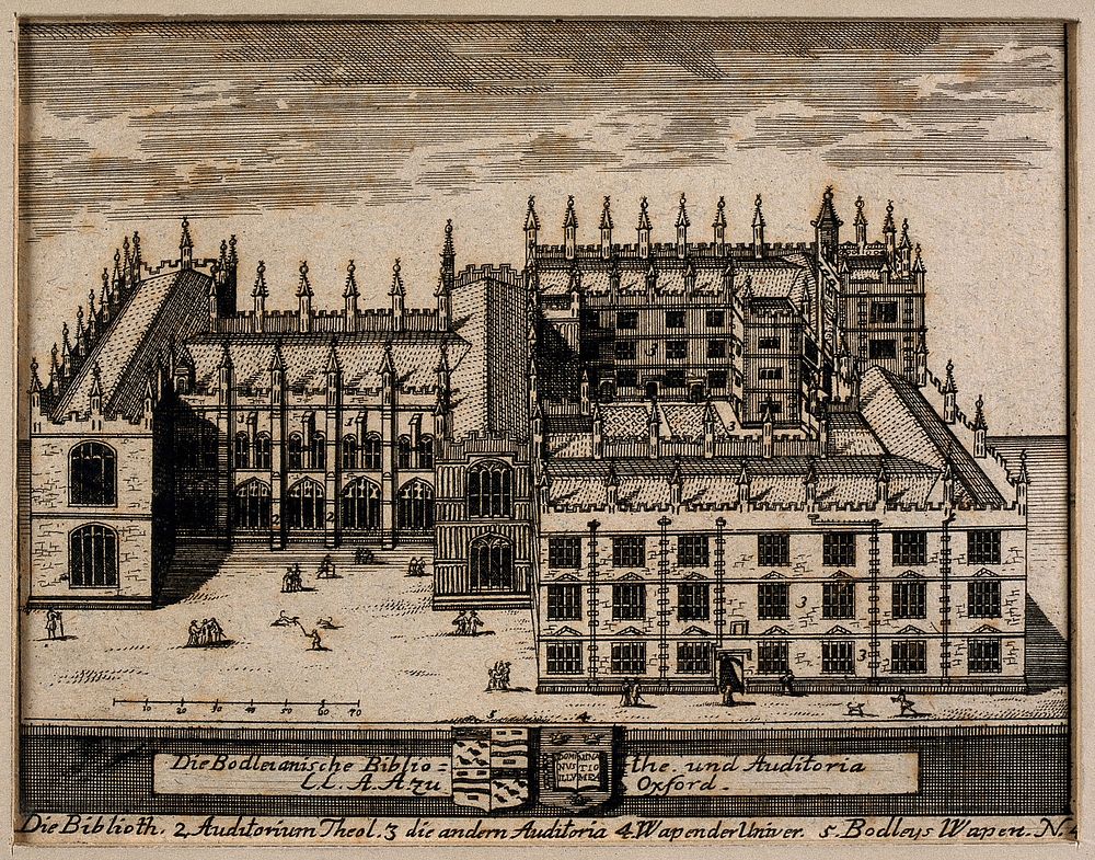 Bodleian Library, Oxford: bird's eye view with key and coat of arms. Line engraving.