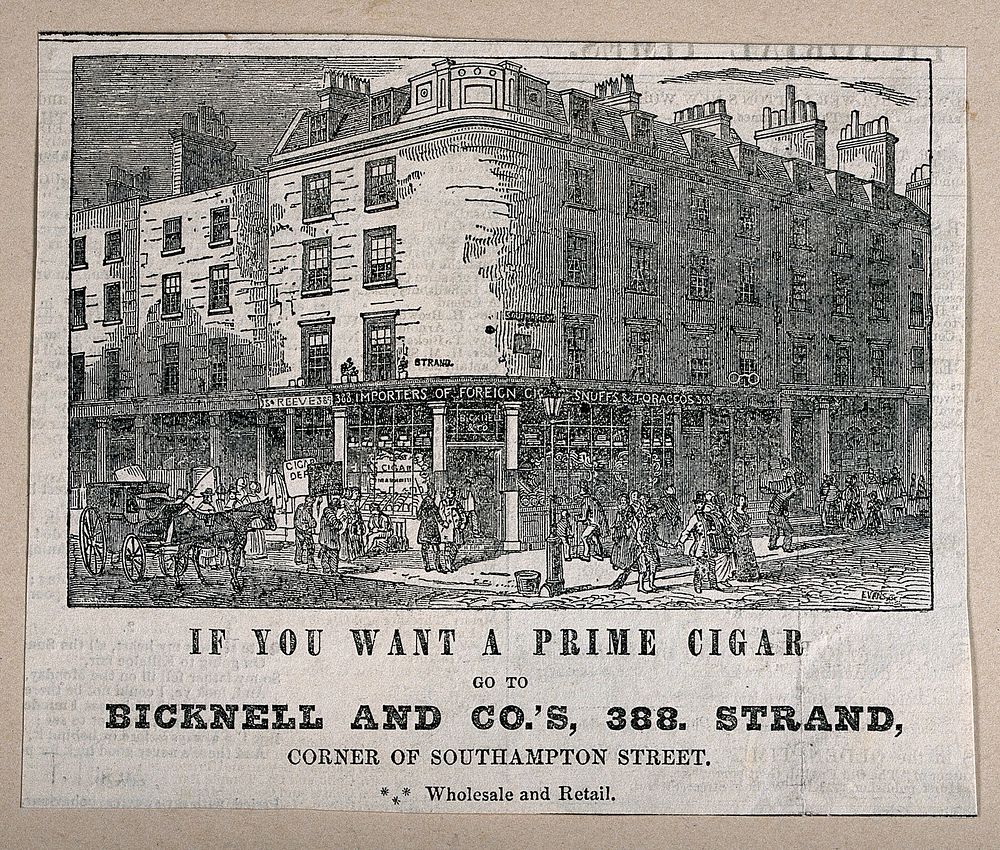 A London street scene, mid-19th century, with a tobacconist's shop. Wood-engraving.