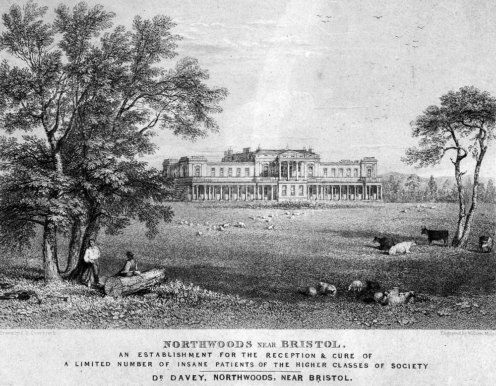 Northwoods asylum and surrounding grounds, Bristol. Line engraving by W. Miller after S.D. Swarbreck.