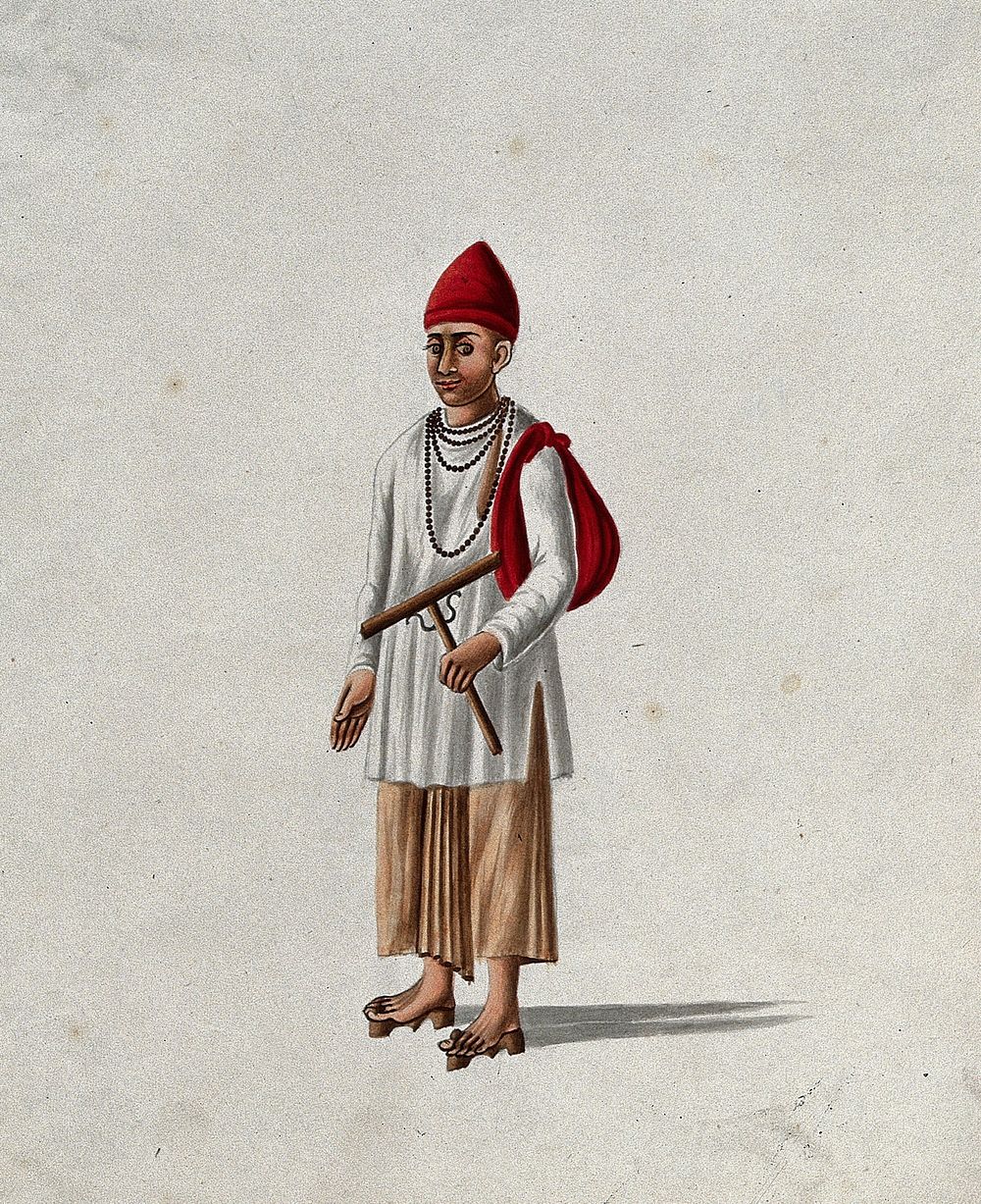 A religious man wearing a red cap and prayer beads around his neck. Gouache painting by an Indian artist.