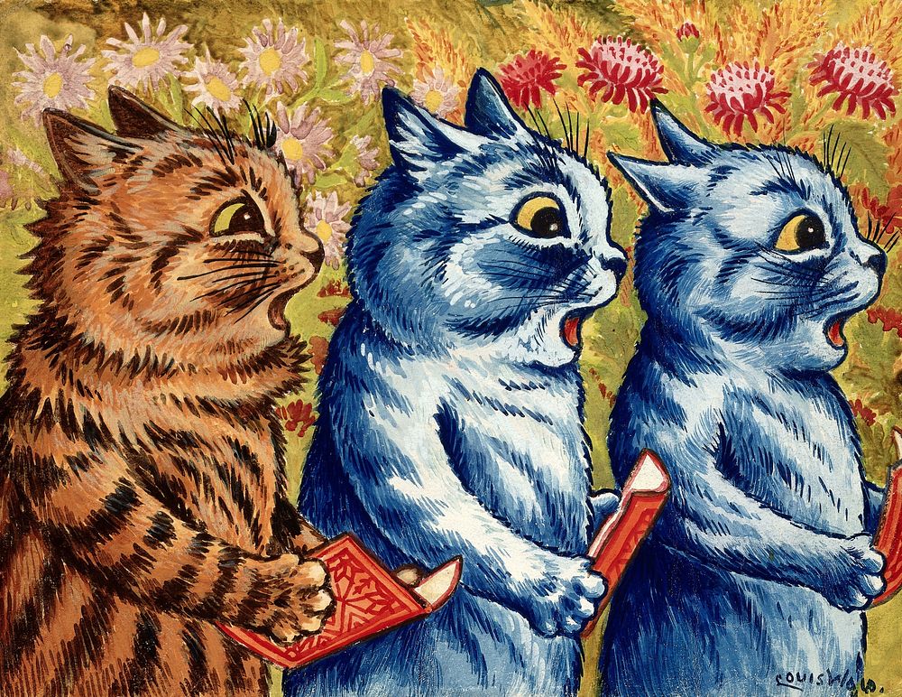 Three cats singing. Gouache by Louis Wain, 1925/1939.