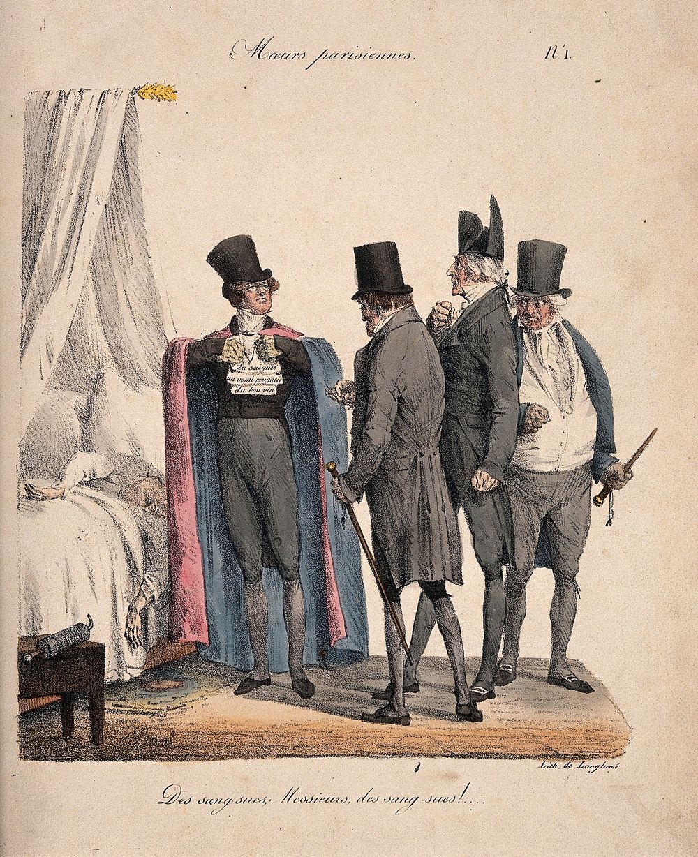 A group of fashionable physicians gathered around a sick patient listen to one of their number proclaiming the virtue of…
