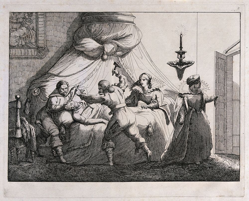 Count Cenci, drugged in his bedroom, is being murdered by Olimpio Calvetti and Marzio da Fiorani; Beatrice is watching the…
