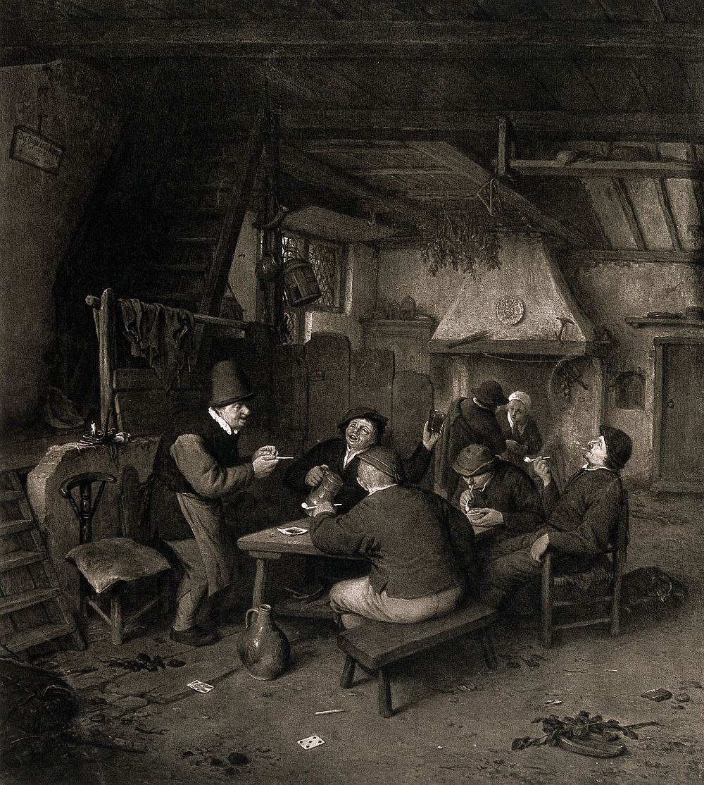 Five men drinking and smoking round a table in a large open room. Mezzotint after a painting by A. van Ostade, 1665.