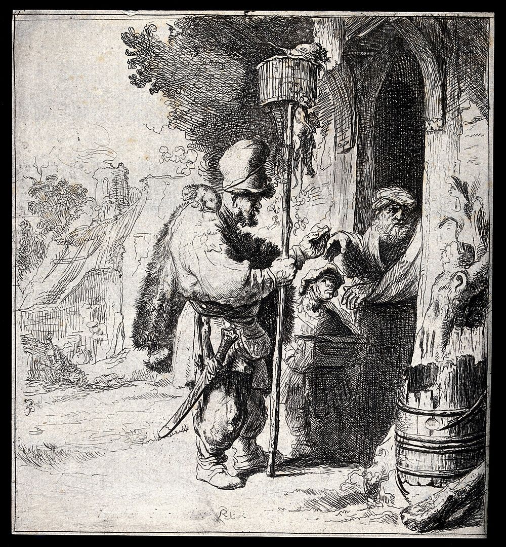 A rat-catcher and his young assistant standing outside a doorway having their services refused by an old man: the rat…