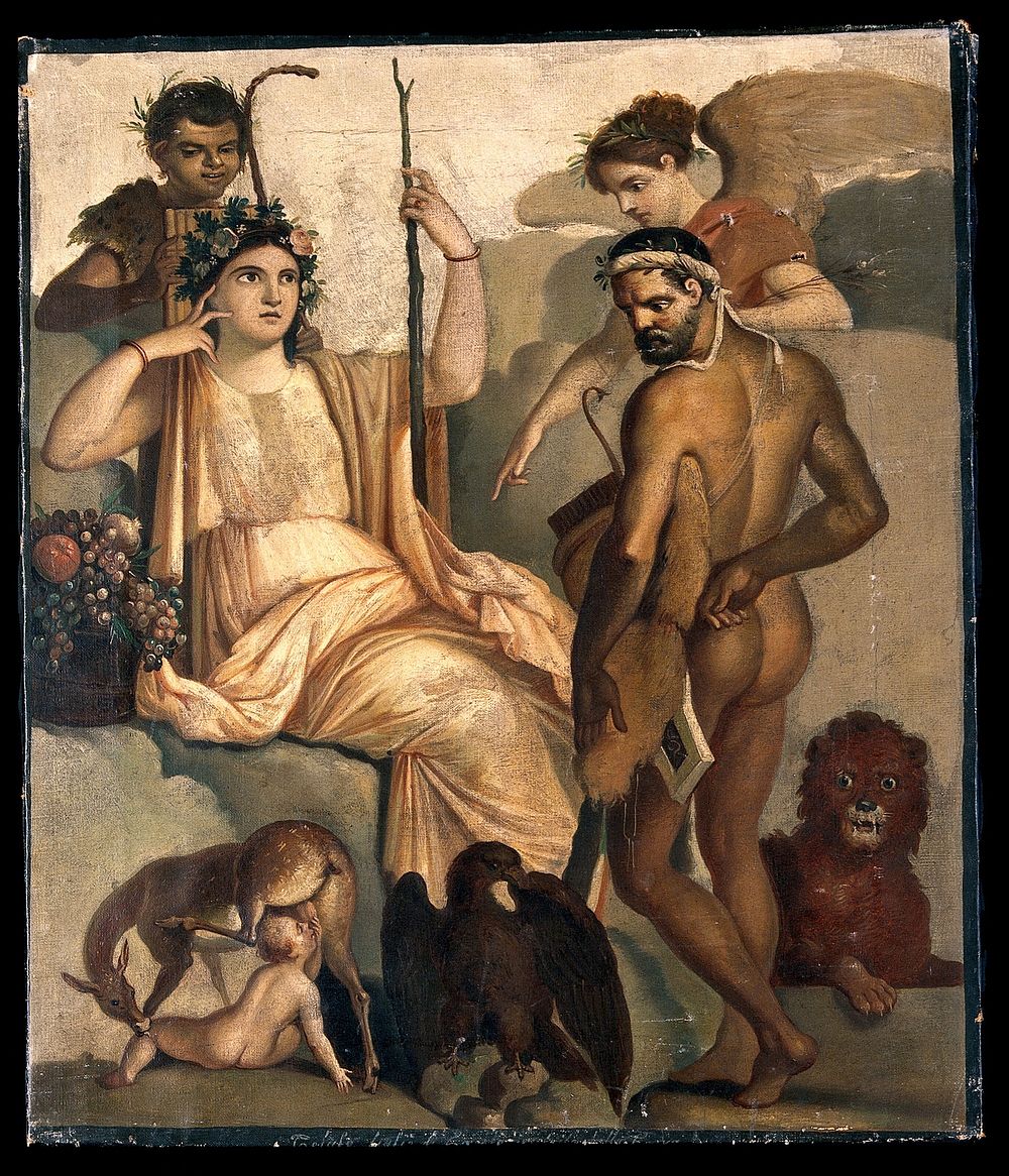Telephus being suckled by a doe, with Minerva and Hercules. Oil painting after a fresco.