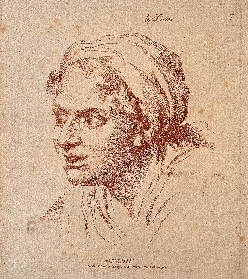 A woman with bulging eyes, expressing desire through her face. Crayon manner print by W. Hebert, c. 1770, after C. Le Brun.