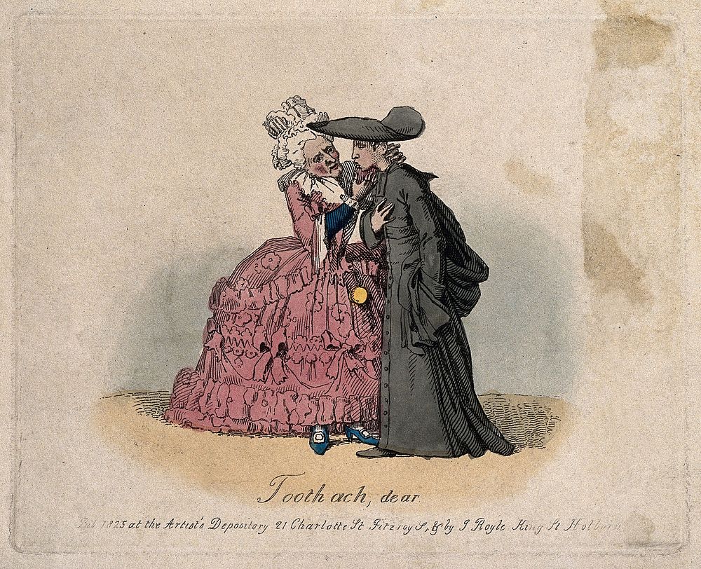 A French lady from the Ancien Régime sympathizing with a young cleric who has toothache. Coloured etching by T.L. Busby…