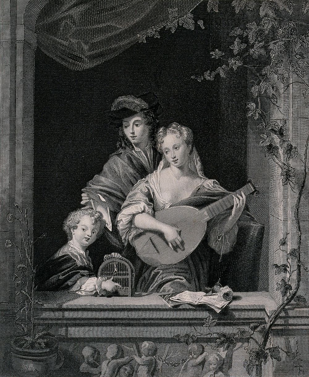 A family with a young child by an open window singing together with the woman playing an instrument. Engraving by W.H. Pyne…