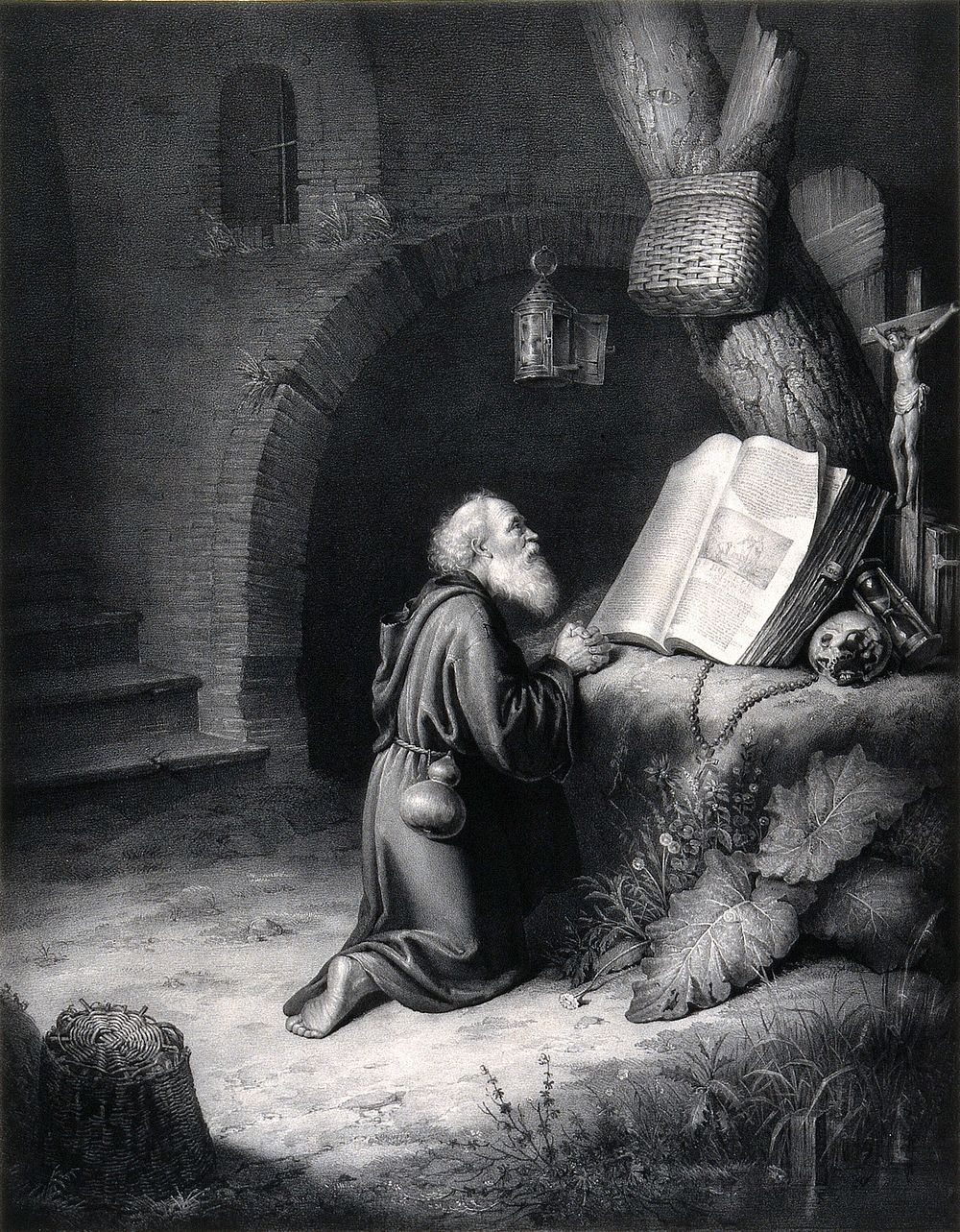 A hermit at prayer. Lithograph by C. Straub after G. Dou.