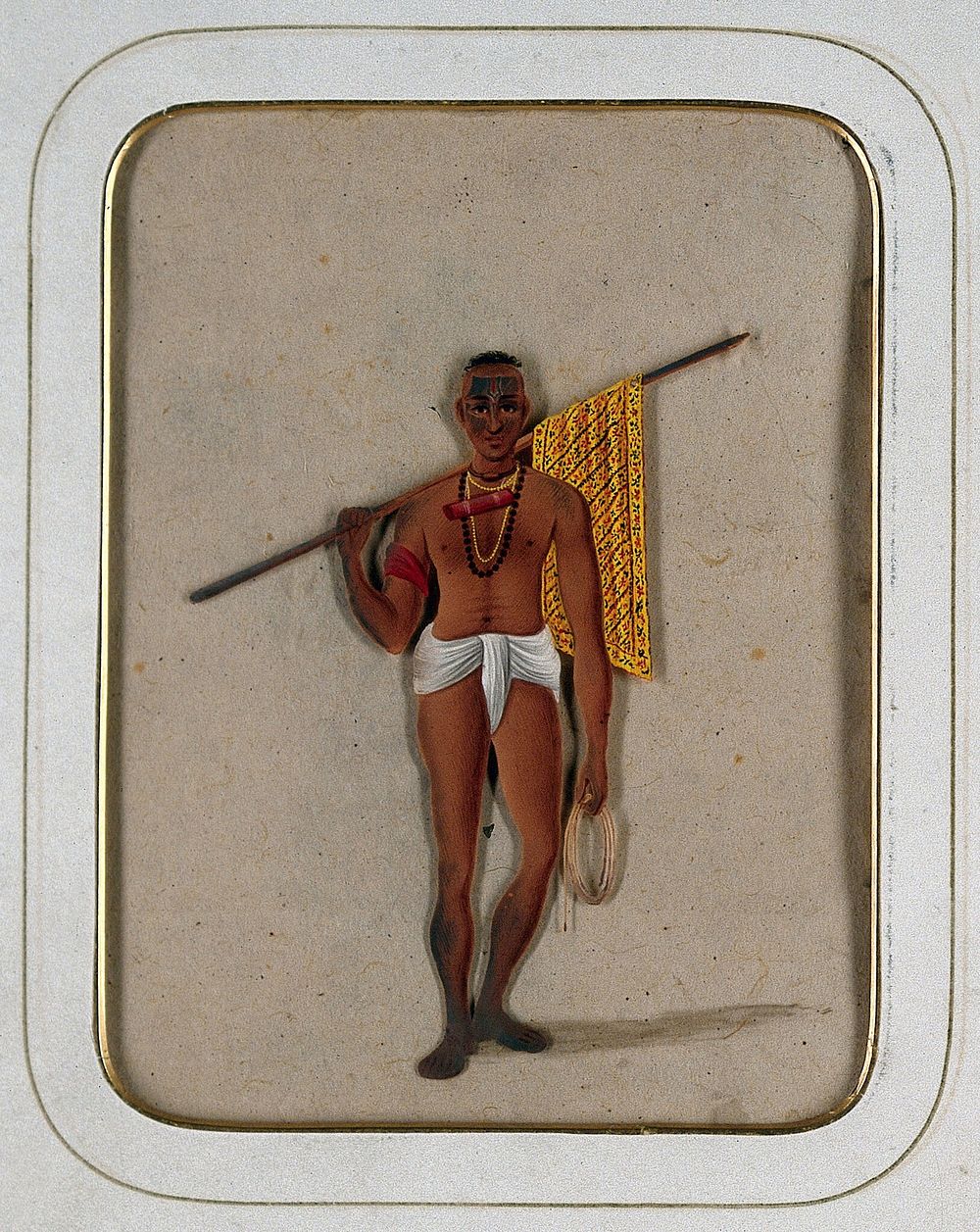 A man wearing a loin cloth holding a stick with a piece of cloth draped around it and a coil of string. Gouache painting on…